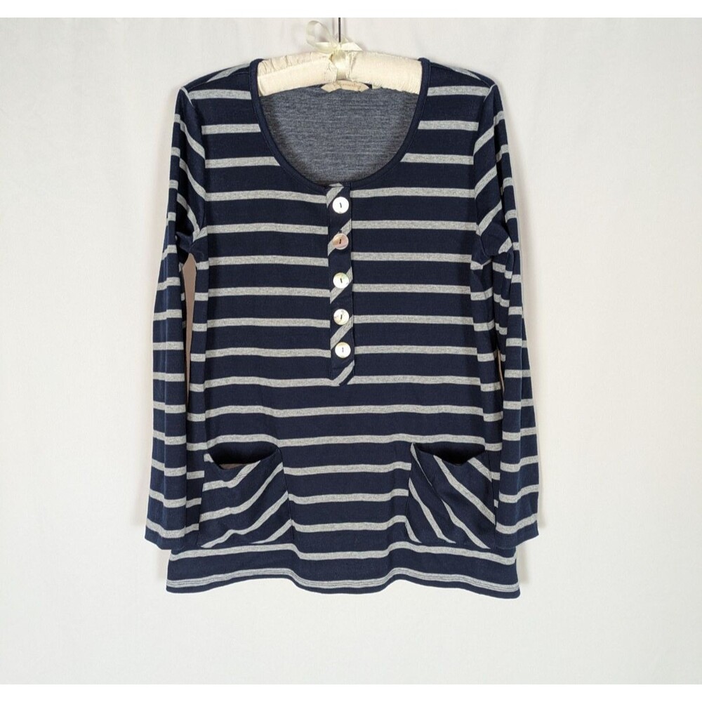 Soft Surroundings Tunic M Womens Blue Striped Stretch Knit Henley Buttons Pocket